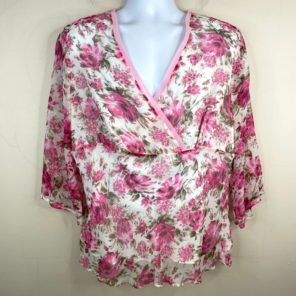 Vintage Silk Top Womens 1X Pink Romantic Floral Garden‎ Feminine Empire Waist